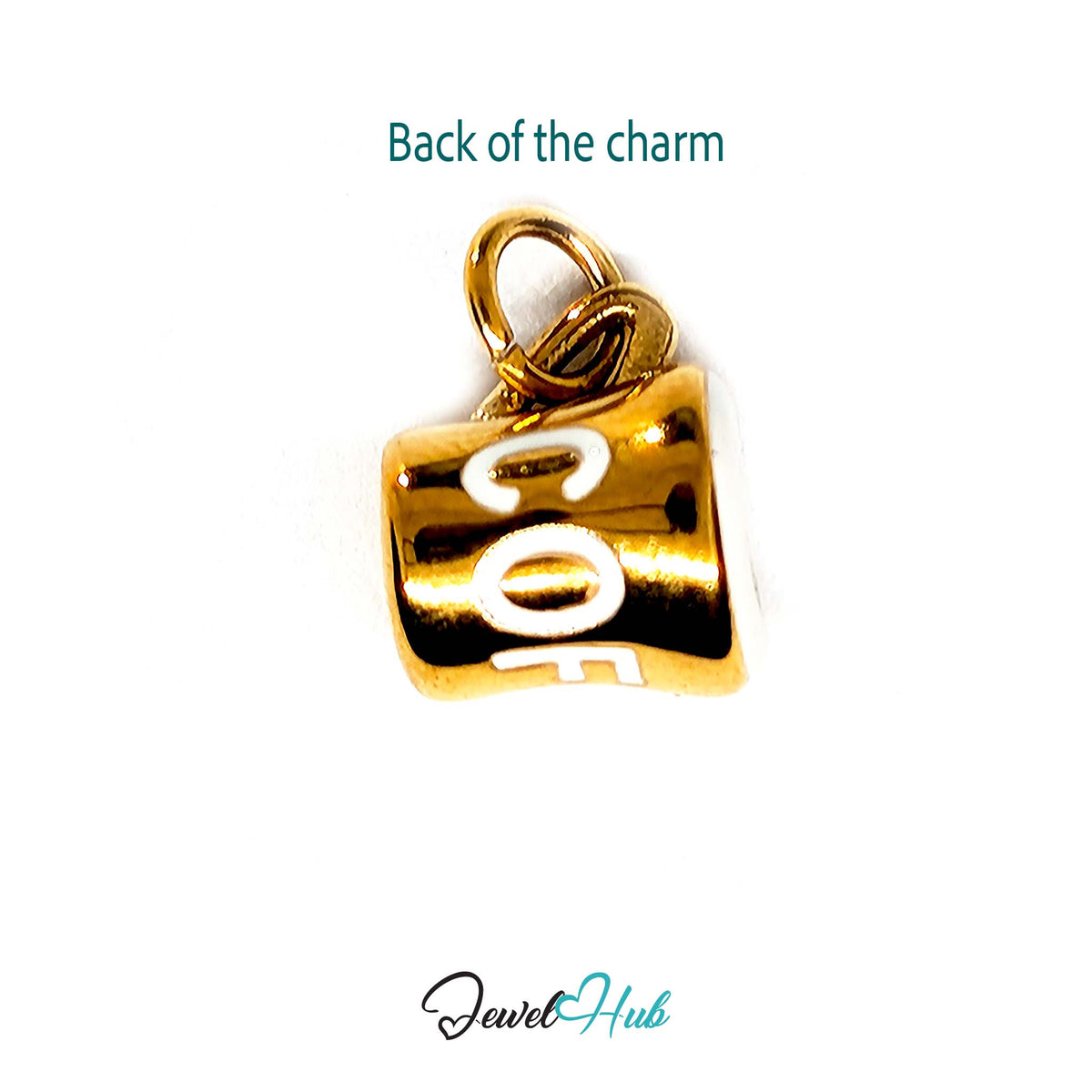 Back of the gold-tone white lettering coffee mug charm showing the sculpted reverse - JewelHub