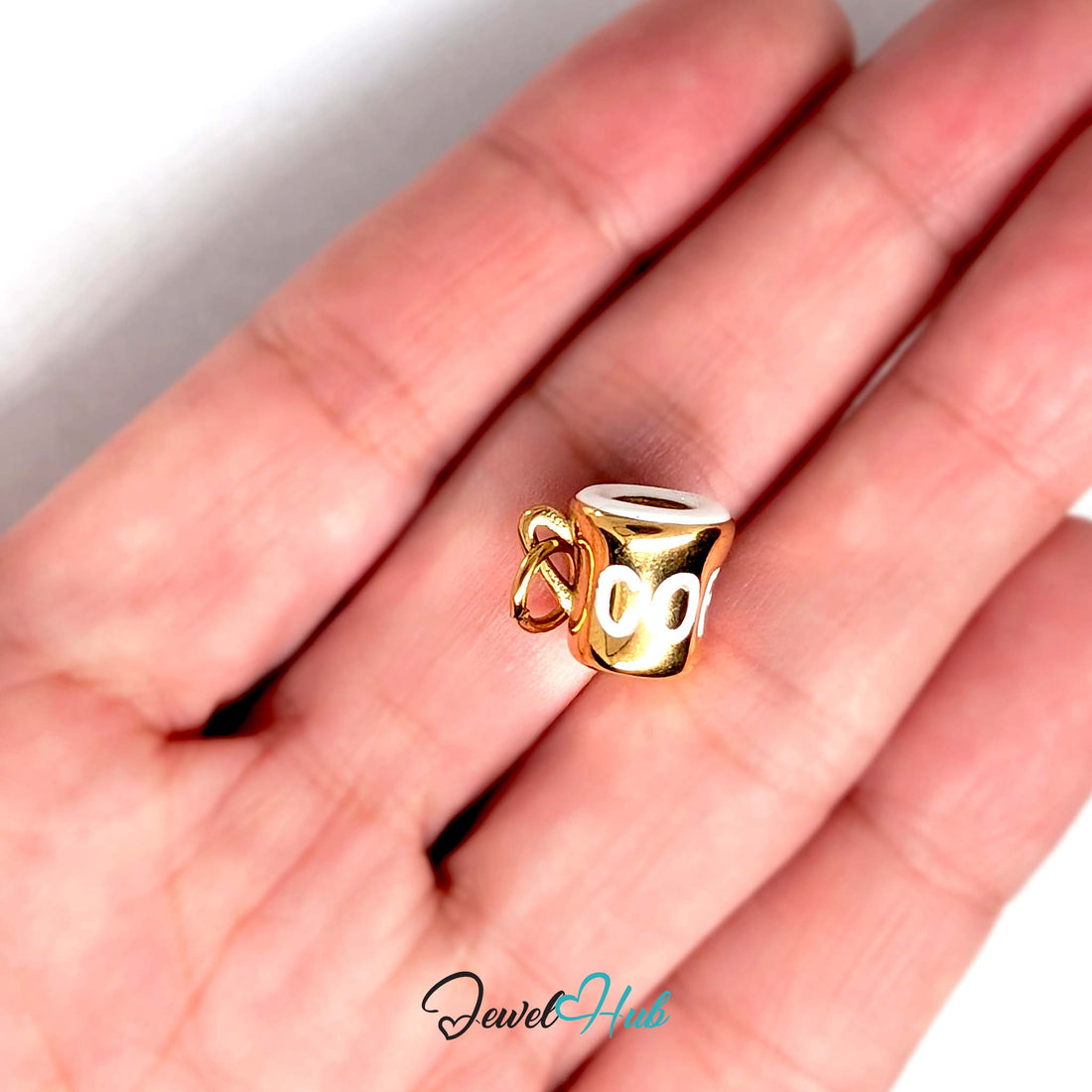 White lettering coffee mug charm in gold-tone stainless steel - JewelHub