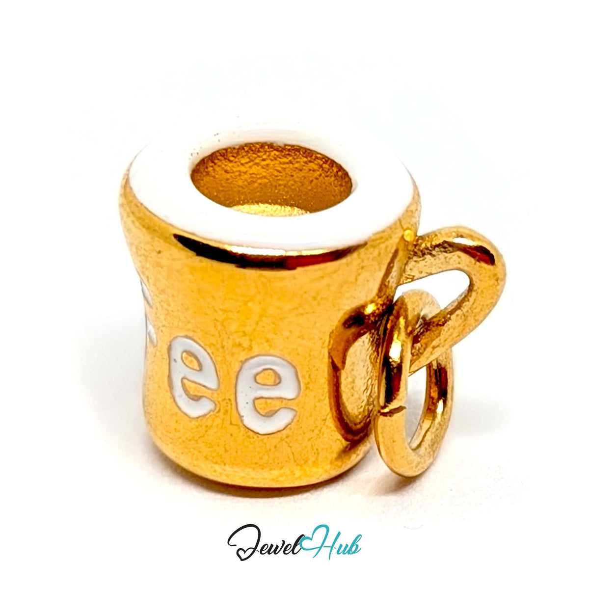 Angled view of the gold-tone white lettering coffee mug charm - JewelHub