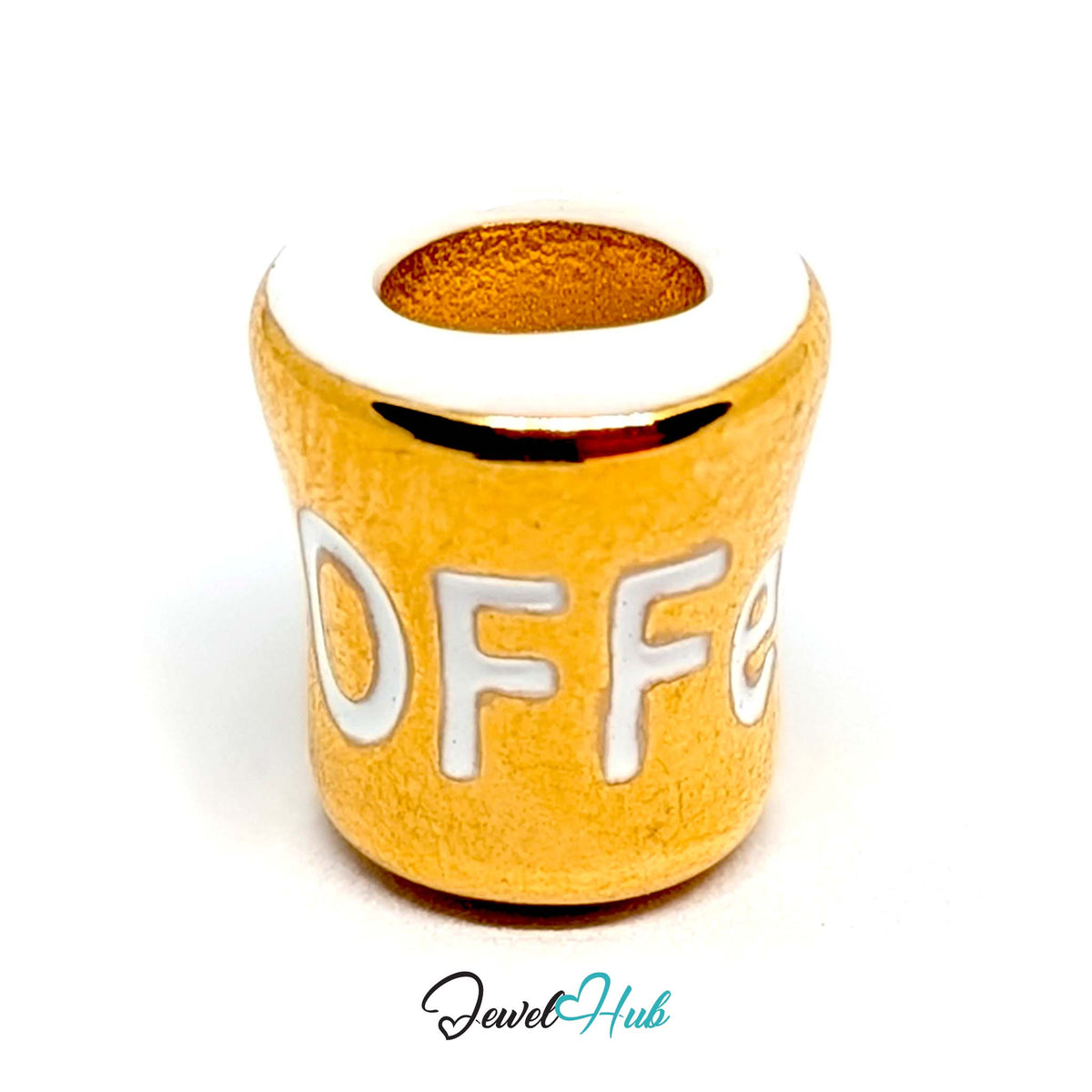Side view of the gold-tone white lettering coffee mug charm - JewelHub
