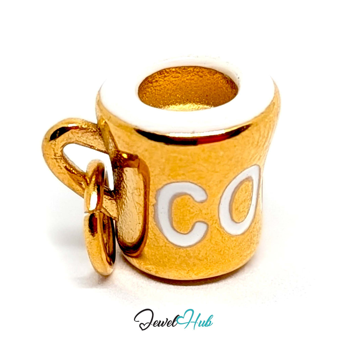 Close-up of the gold-tone white lettering coffee mug charm detail - JewelHub