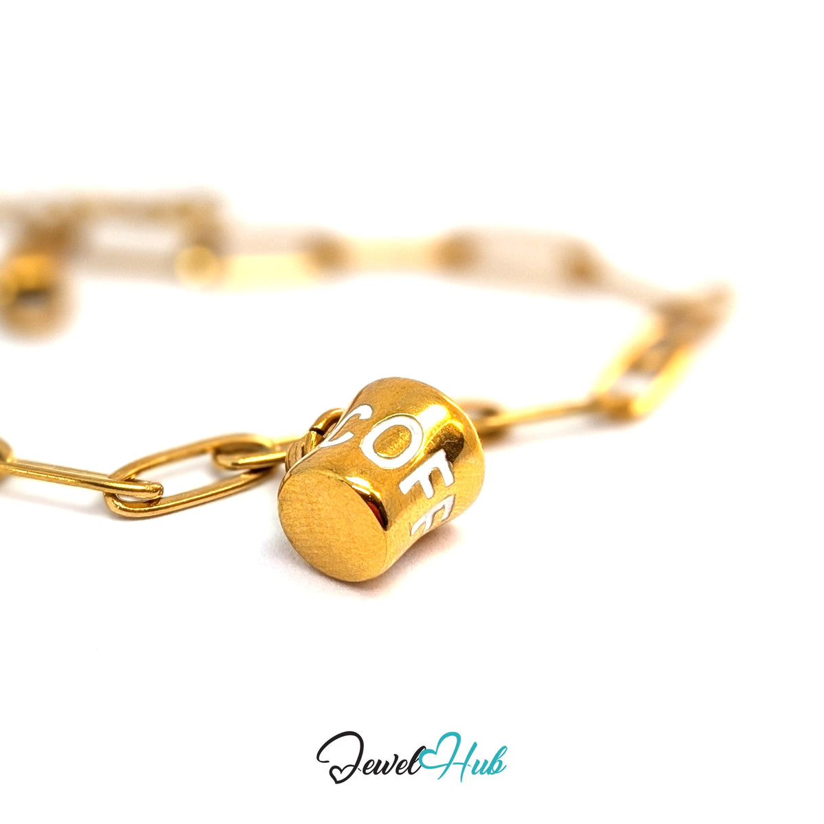 Gold-tone white lettering coffee mug charm styled on a gold paperclip chain bracelet - JewelHub