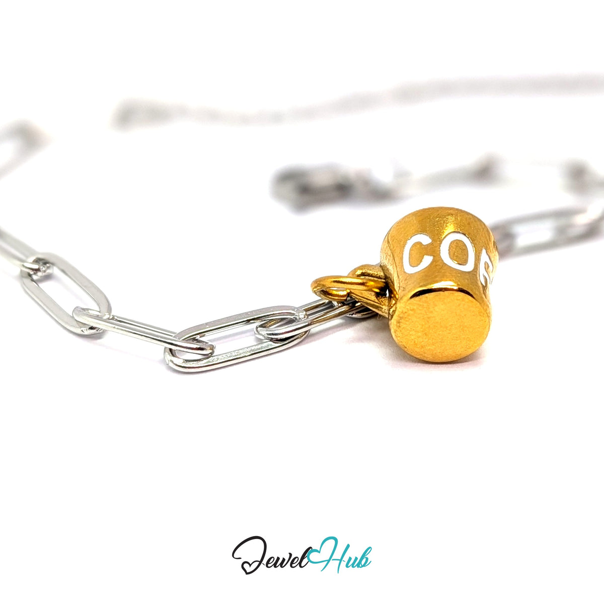 Gold-tone white lettering coffee mug charm styled on a silver paperclip chain bracelet for a two-tone look - JewelHub