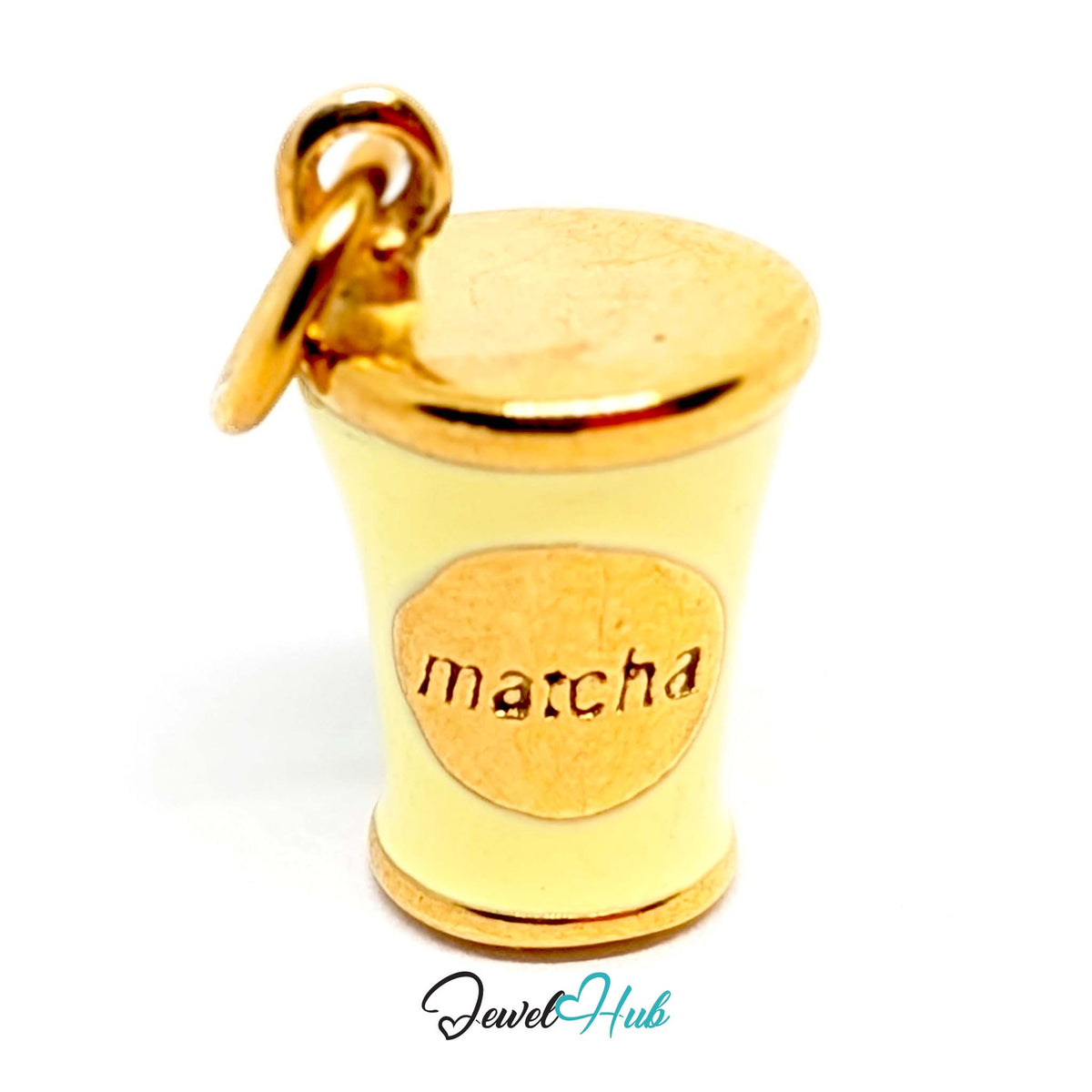 Angled view of the gold-tone yellow enamel matcha cup charm - JewelHub