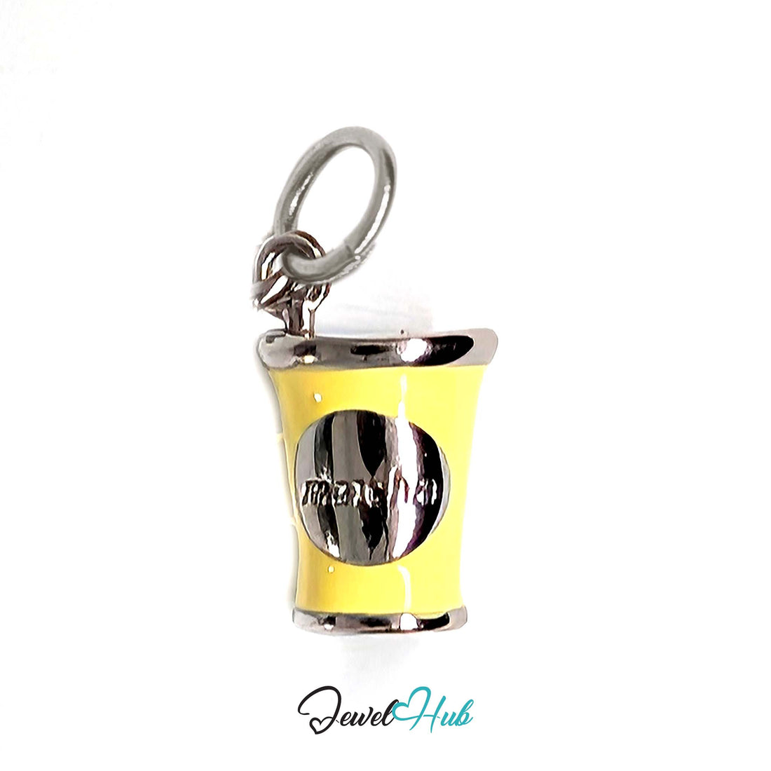 Yellow enamel matcha cup charm in silver-tone stainless steel - JewelHub