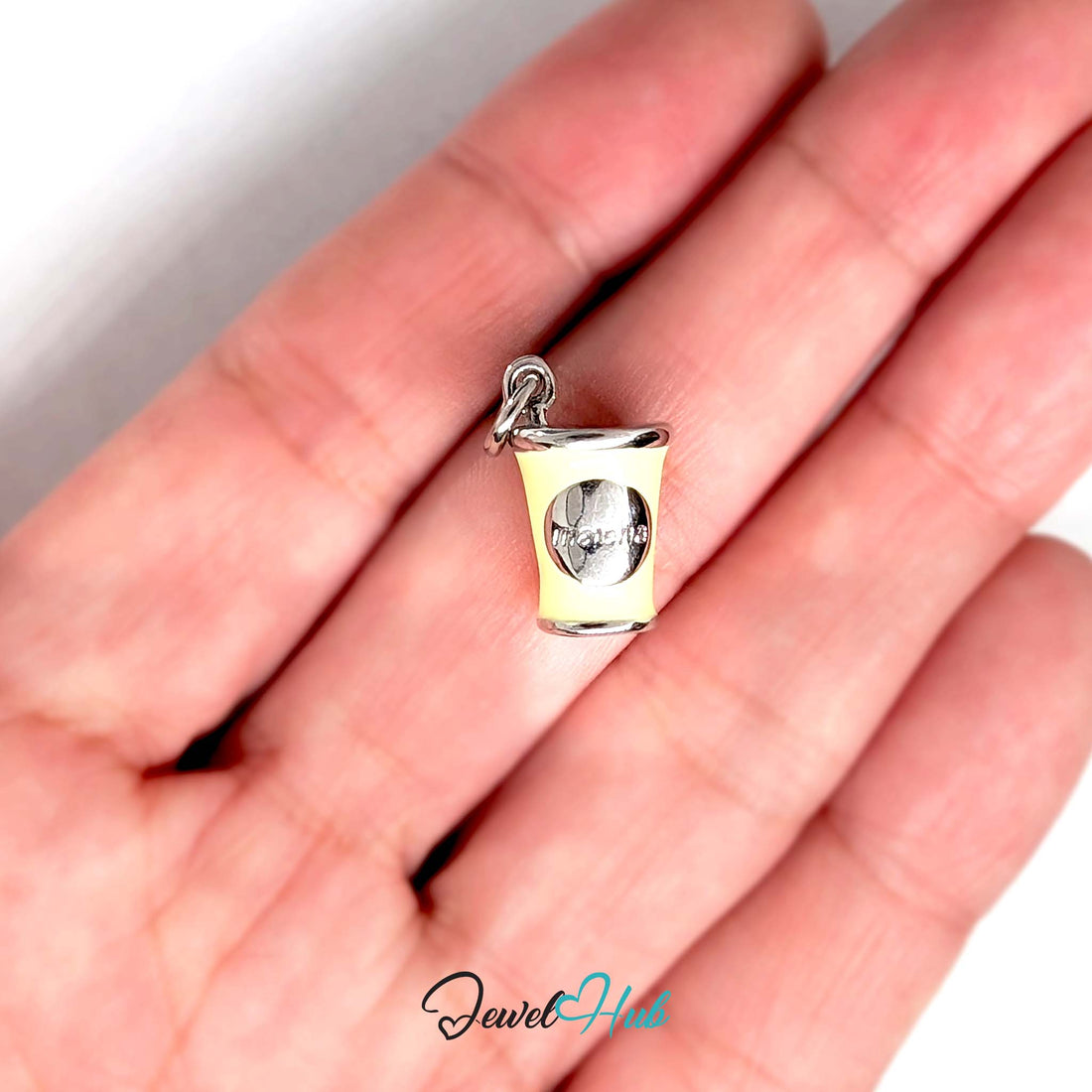 Yellow enamel matcha cup charm in silver-tone stainless steel - JewelHub