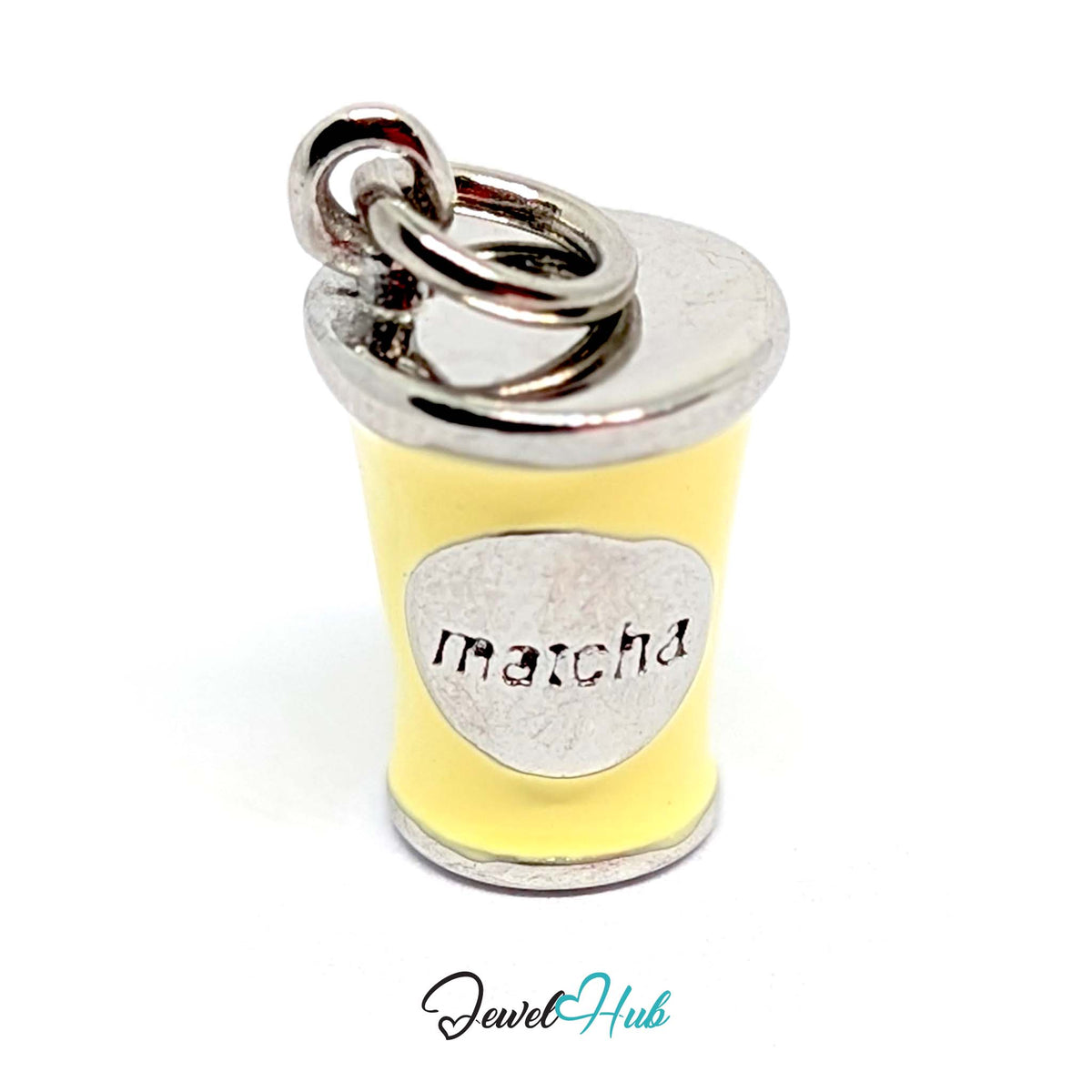 Angled view of the silver-tone yellow enamel matcha cup charm - JewelHub
