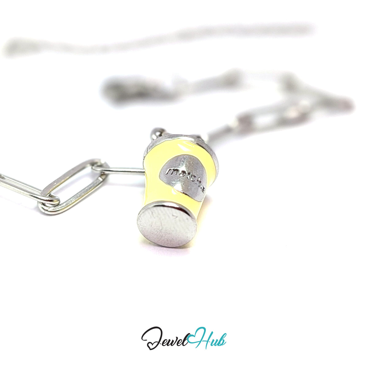Silver-tone yellow enamel matcha cup charm styled on a silver paperclip chain bracelet - JewelHub