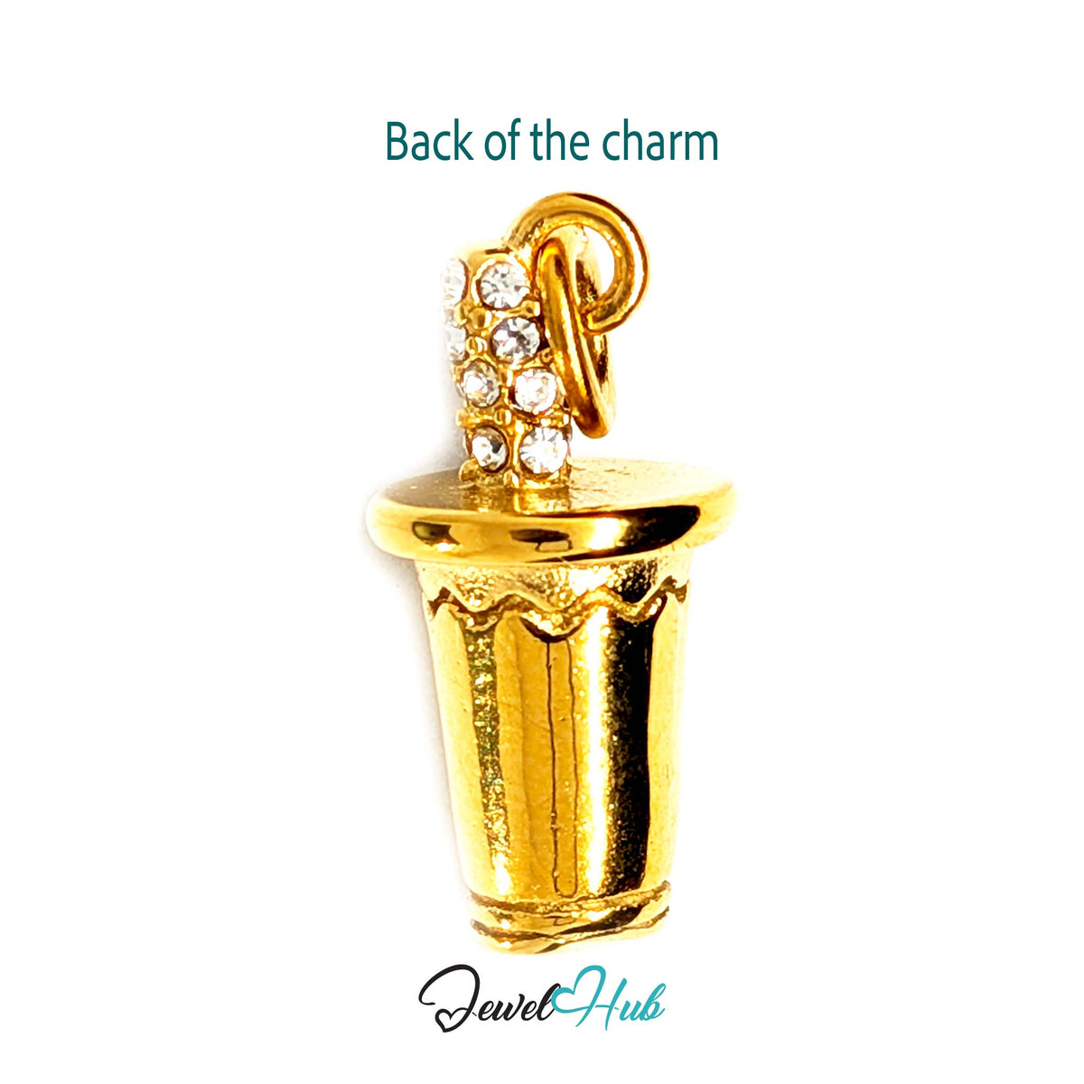 Back of the gold-tone crystal straw tumbler charm showing the sculpted reverse - JewelHub