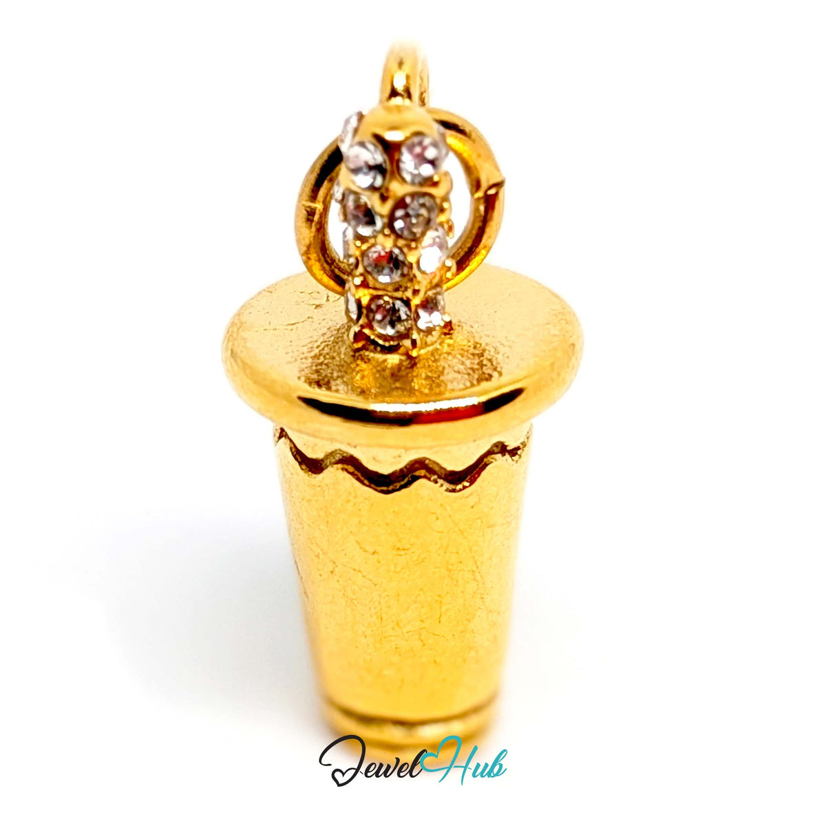 Angled view of the gold-tone crystal straw tumbler charm - JewelHub