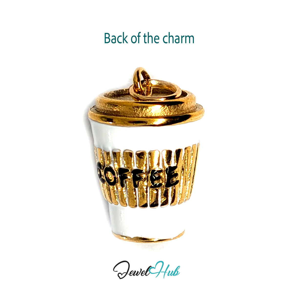 Back of the gold-tone coffee to go cup charm showing the sculpted reverse - JewelHub