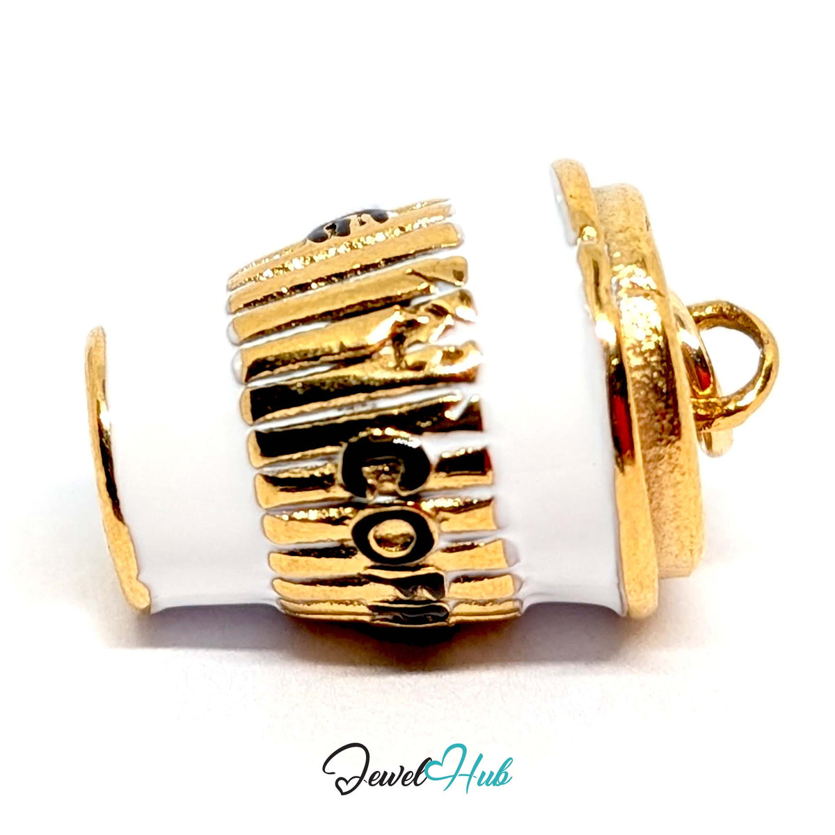 Close-up of the gold-tone coffee to go cup charm detail - JewelHub