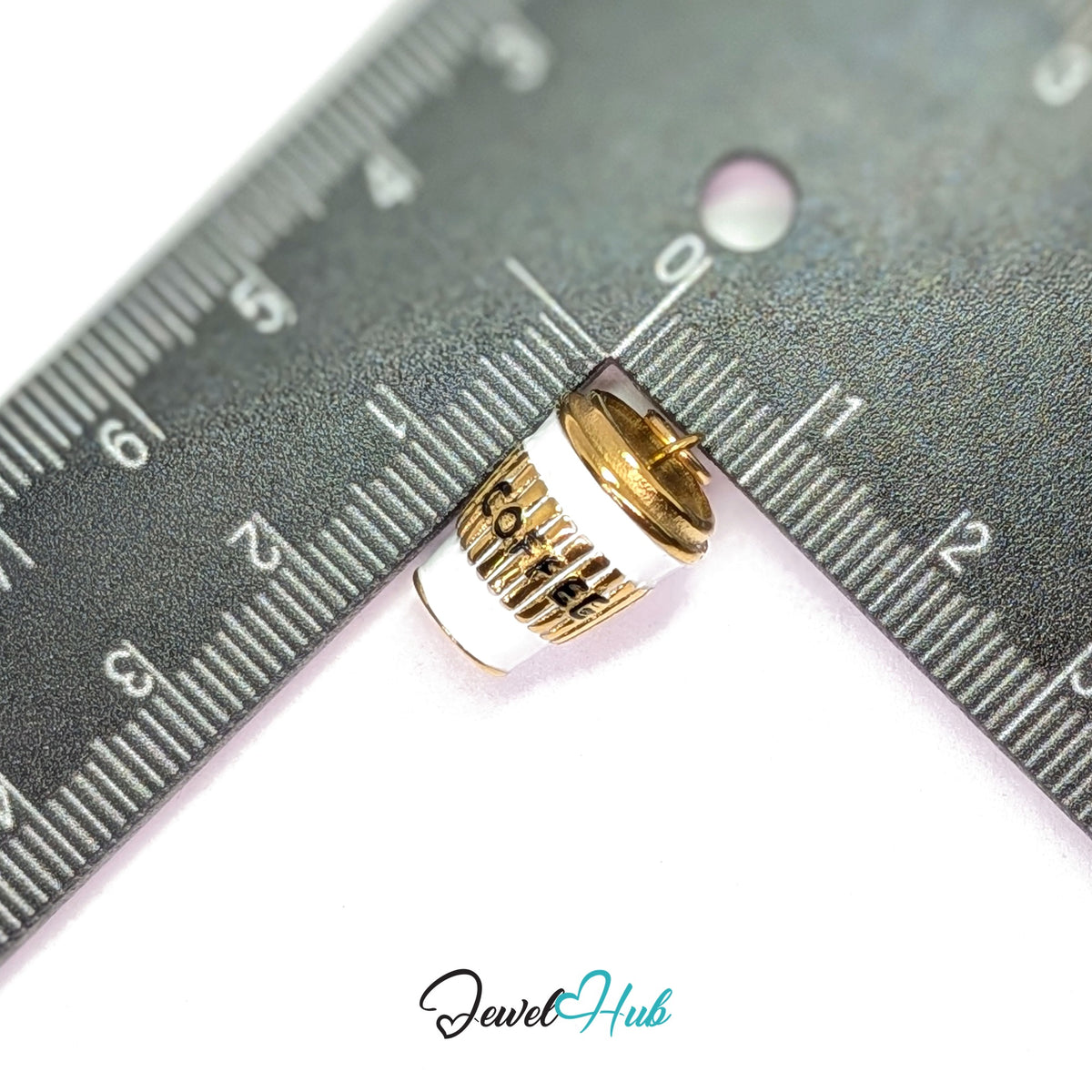Coffee to go cup charm measured against a ruler at 12mm wide by 17.7mm tall - JewelHub