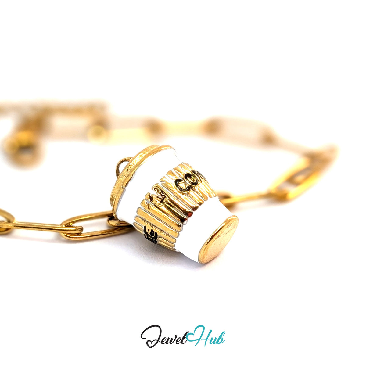 Gold-tone coffee to go cup charm styled on a gold paperclip chain bracelet - JewelHub