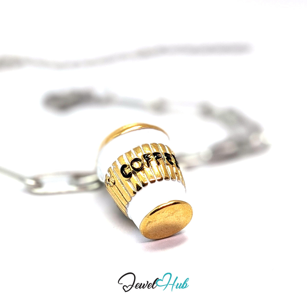 Gold-tone coffee to go cup charm styled on a silver paperclip chain bracelet for a two-tone look - JewelHub