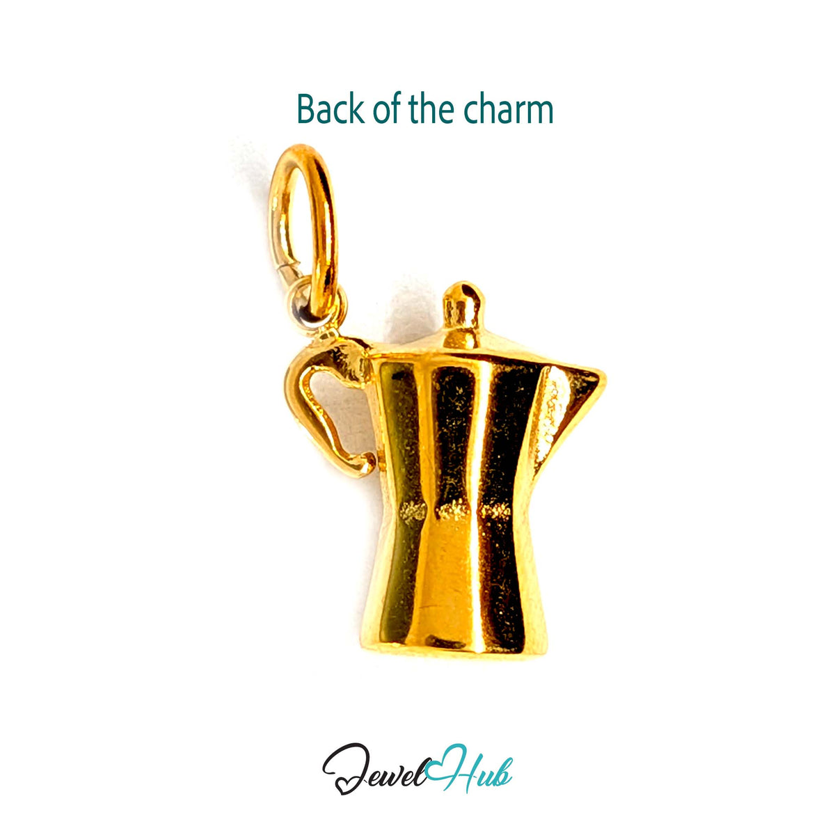 Back of the gold-tone moka pot charm showing the sculpted reverse - JewelHub