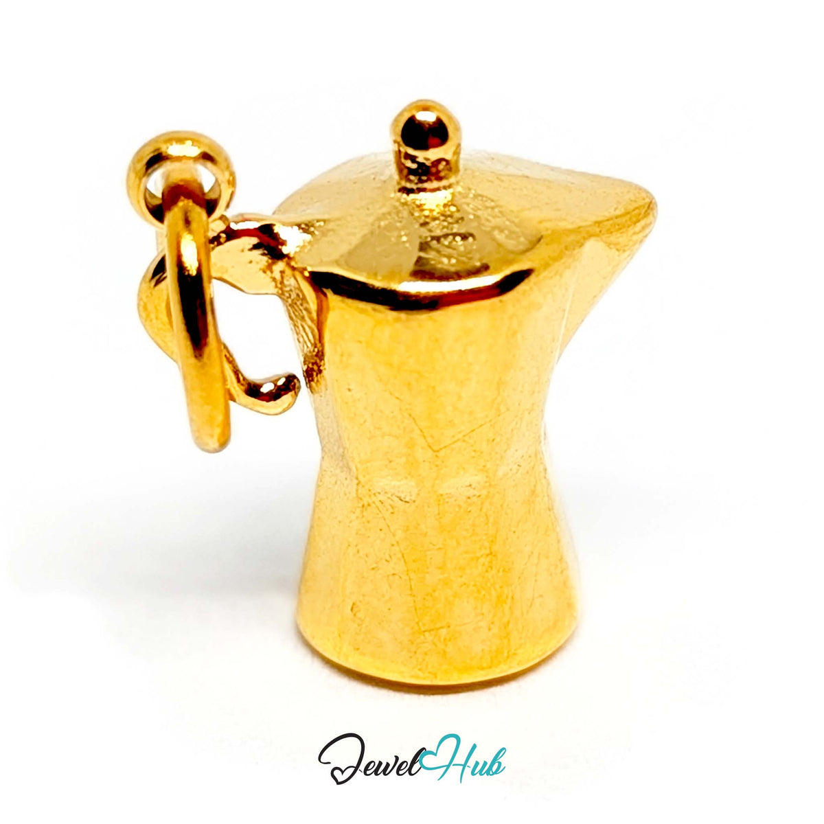 Angled view of the gold-tone moka pot charm - JewelHub
