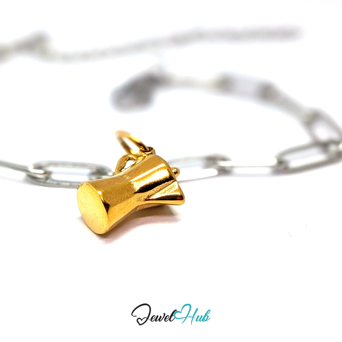 Gold-tone moka pot charm styled on a silver paperclip chain bracelet for a two-tone look - JewelHub