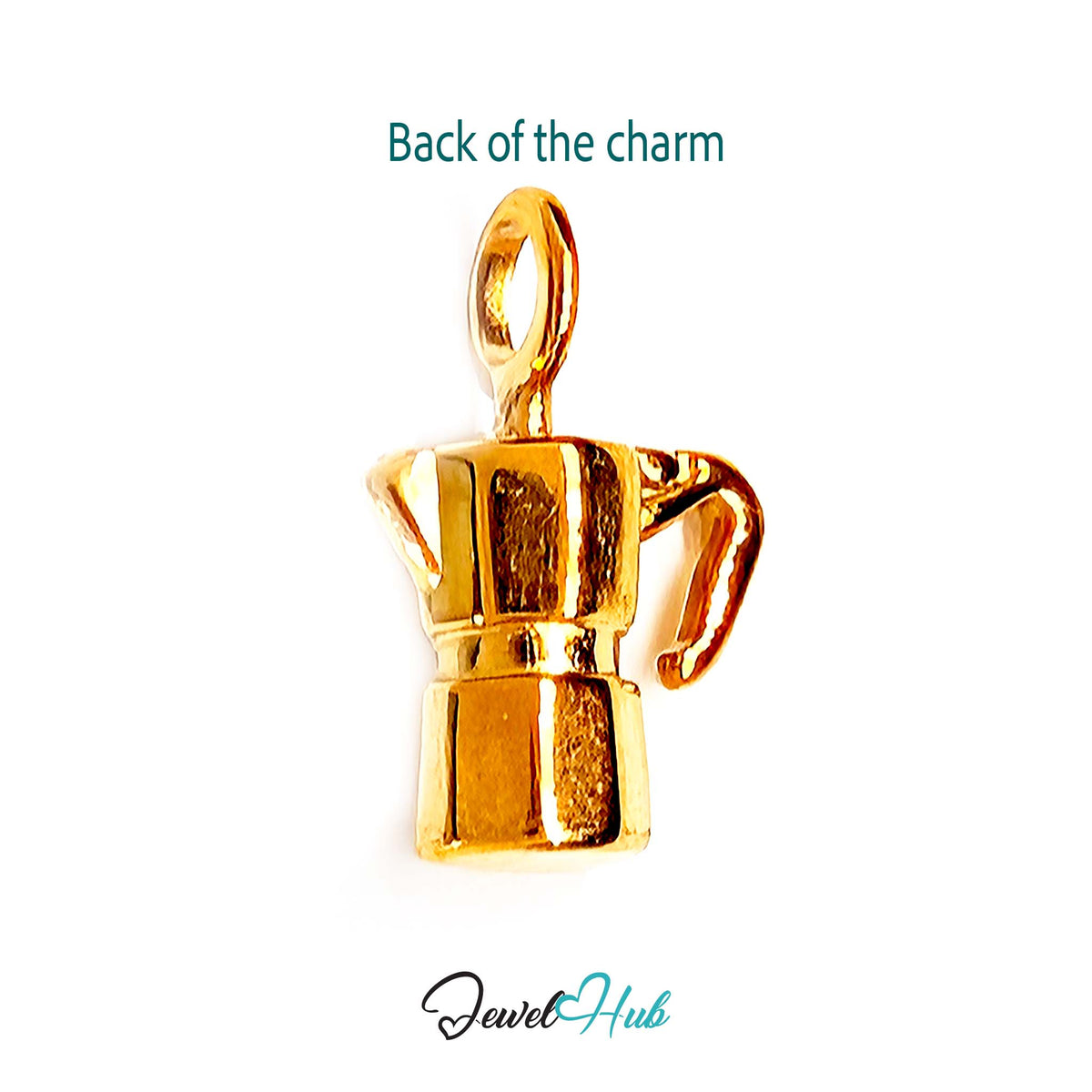 Back of the gold-tone moka pot with handle charm showing the sculpted reverse - JewelHub