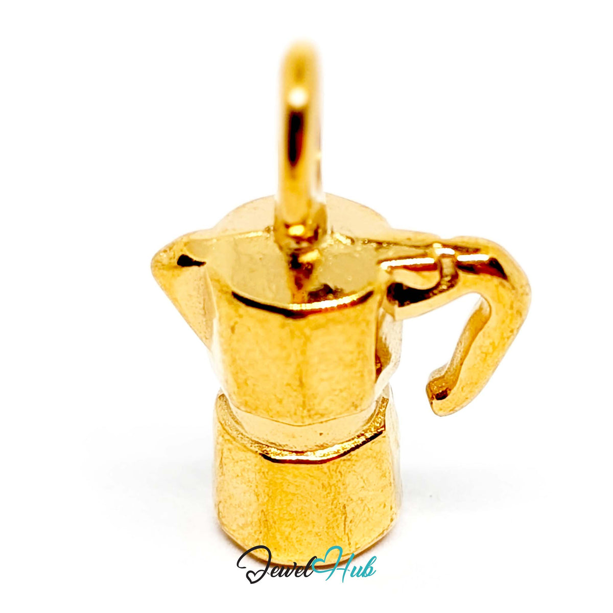 Angled view of the gold-tone moka pot with handle charm - JewelHub