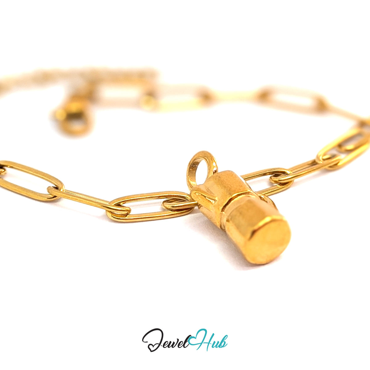 Gold-tone moka pot with handle charm styled on a gold paperclip chain bracelet - JewelHub