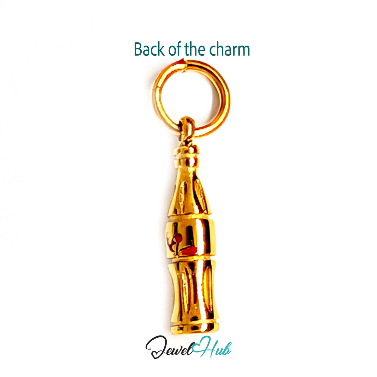 Back of the gold-tone soda bottle charm showing the sculpted reverse - JewelHub