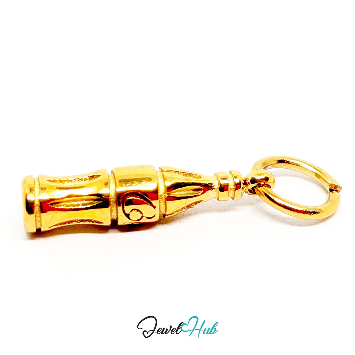 Angled view of the gold-tone soda bottle charm - JewelHub