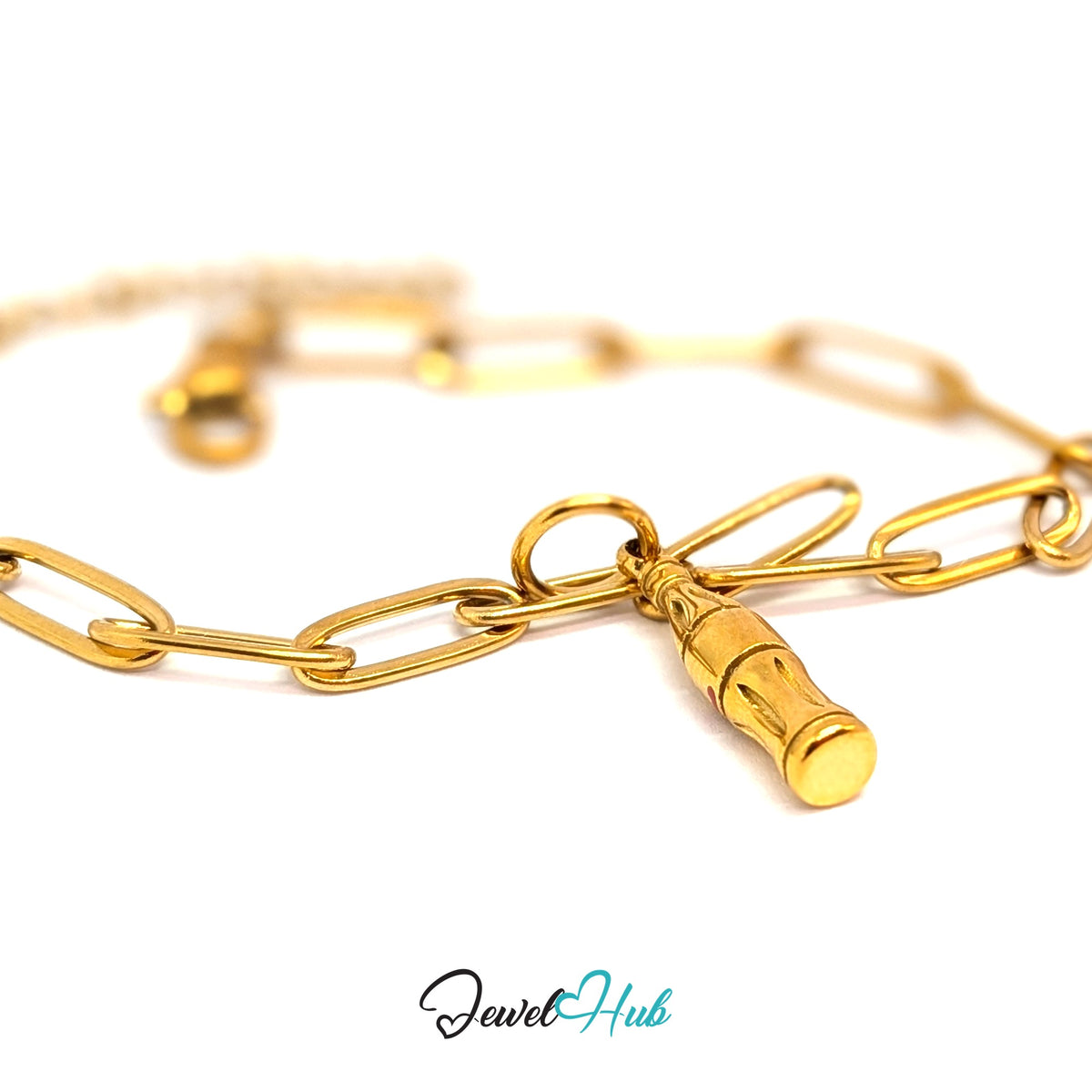 Gold-tone soda bottle charm styled on a gold paperclip chain bracelet - JewelHub