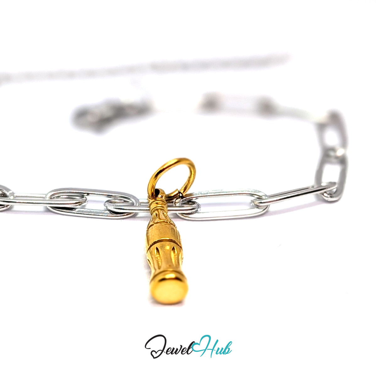 Gold-tone soda bottle charm styled on a silver paperclip chain bracelet for a two-tone look - JewelHub