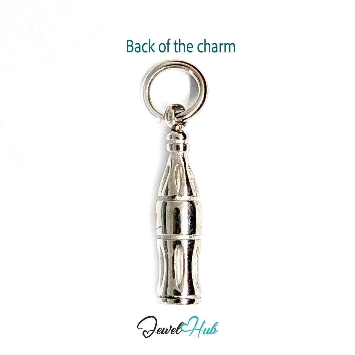 Back of the silver-tone soda bottle charm showing the sculpted reverse - JewelHub