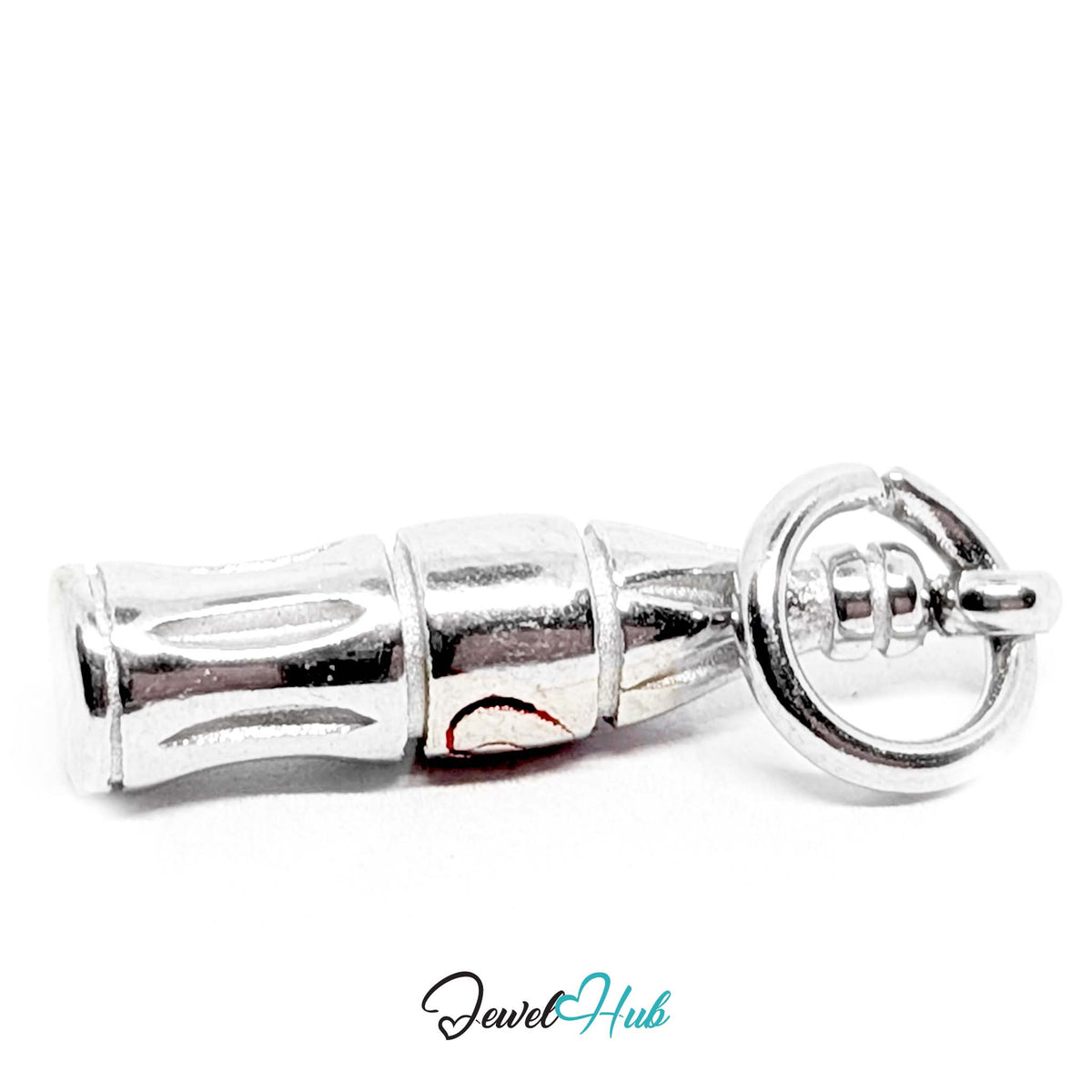 Angled view of the silver-tone soda bottle charm - JewelHub
