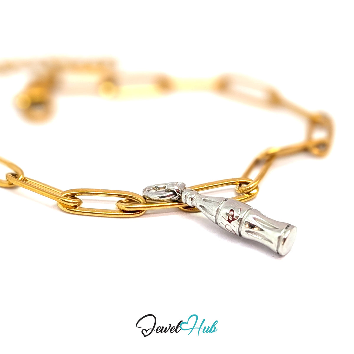 Silver-tone soda bottle charm styled on a gold paperclip chain bracelet for a two-tone look - JewelHub