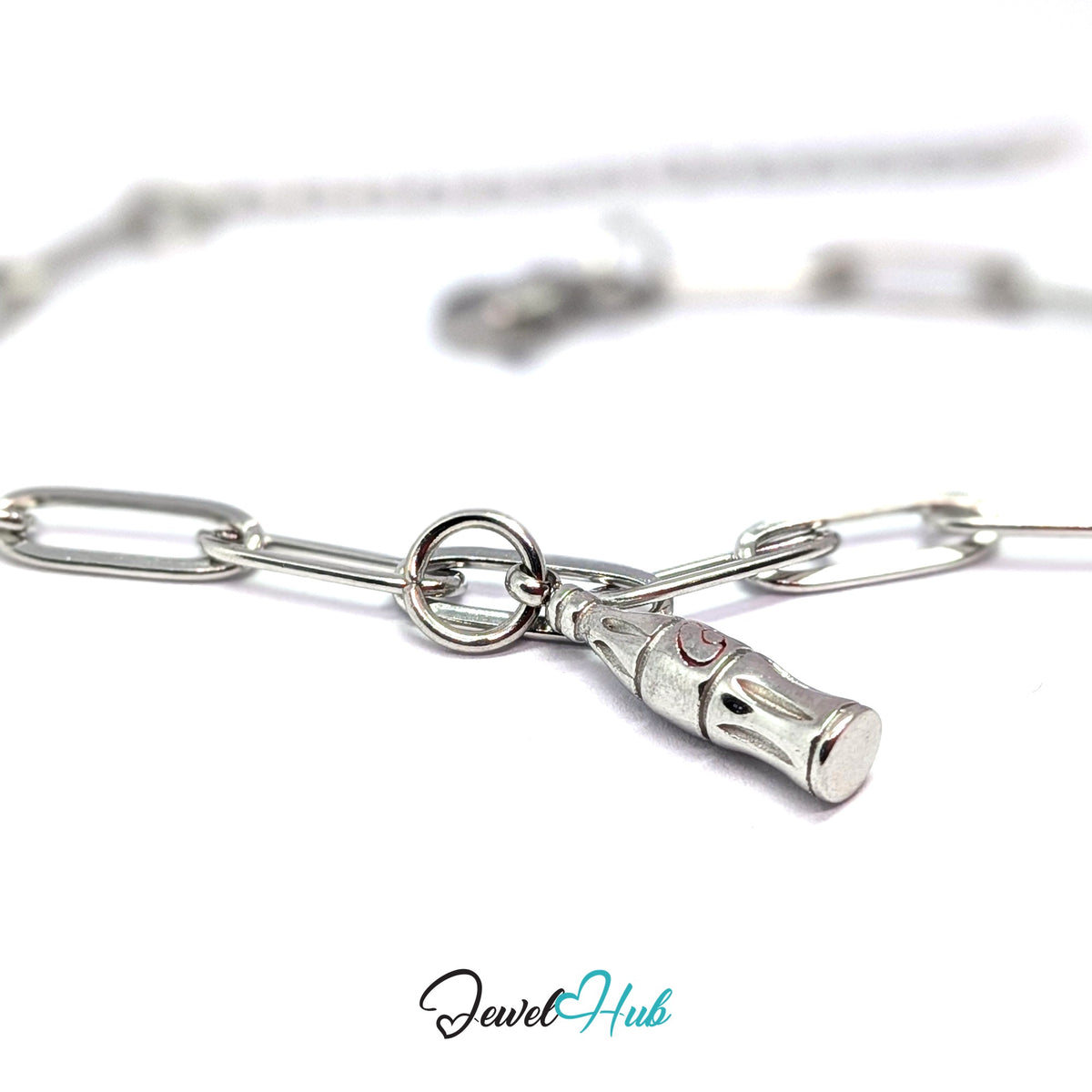 Silver-tone soda bottle charm styled on a silver paperclip chain bracelet - JewelHub