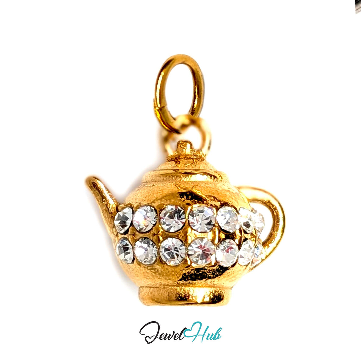 Crystal teapot charm in gold-tone stainless steel, with 14 glue-set crystals - JewelHub