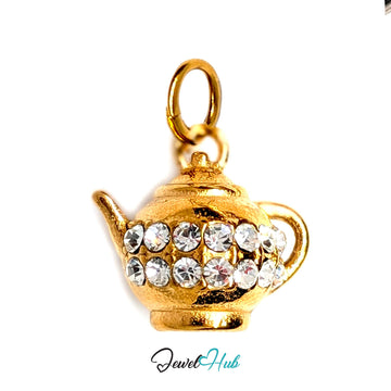 Crystal teapot charm in gold-tone stainless steel, with 14 glue-set crystals - JewelHub