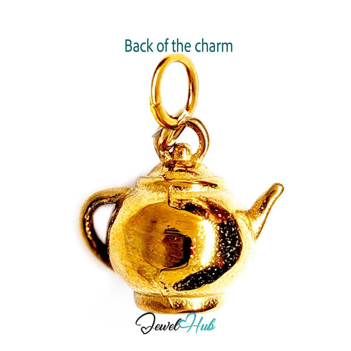 Back of the gold-tone crystal teapot charm showing the sculpted reverse - JewelHub