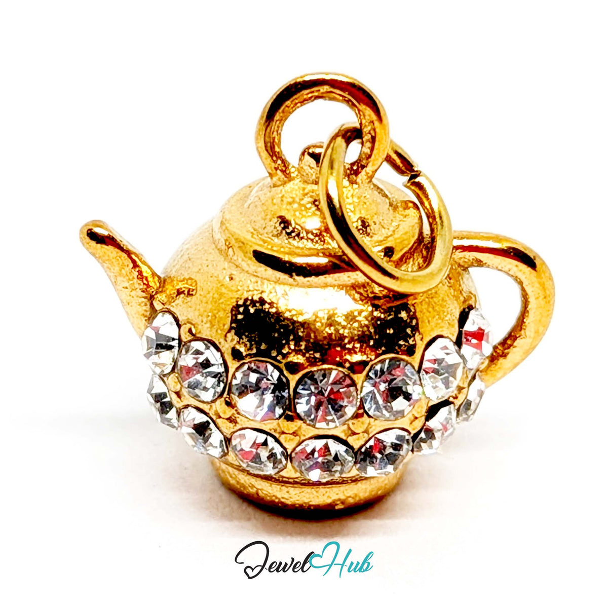 Angled view of the gold-tone crystal teapot charm - JewelHub