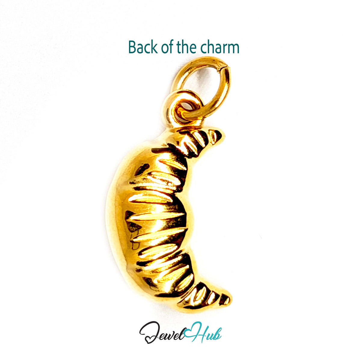 Back of the gold-tone slim ridged croissant charm showing the sculpted reverse - JewelHub
