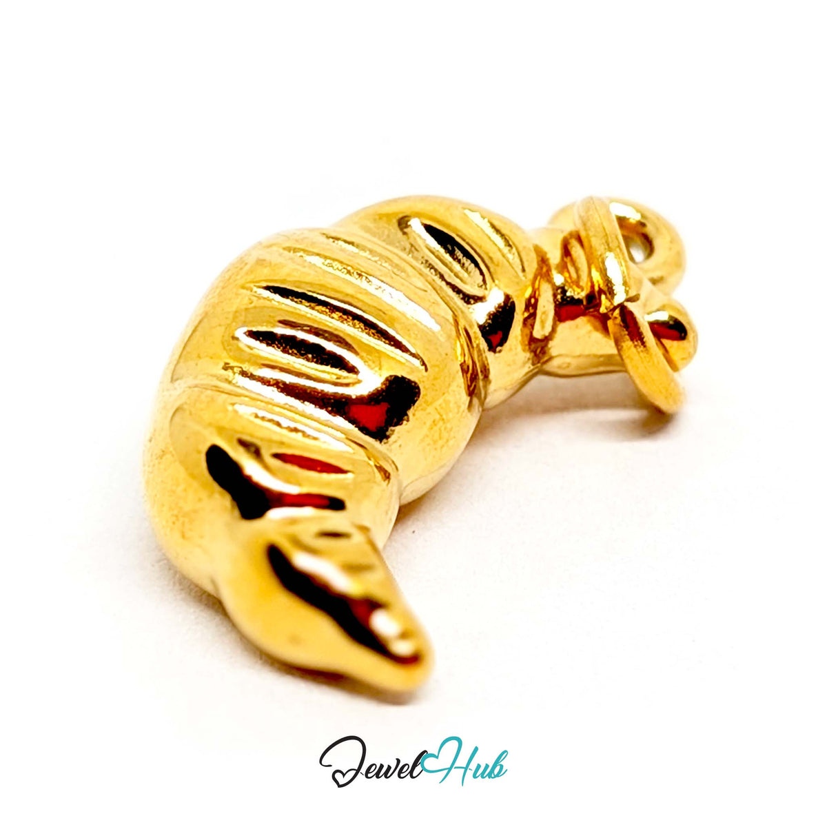 Angled view of the gold-tone slim ridged croissant charm - JewelHub