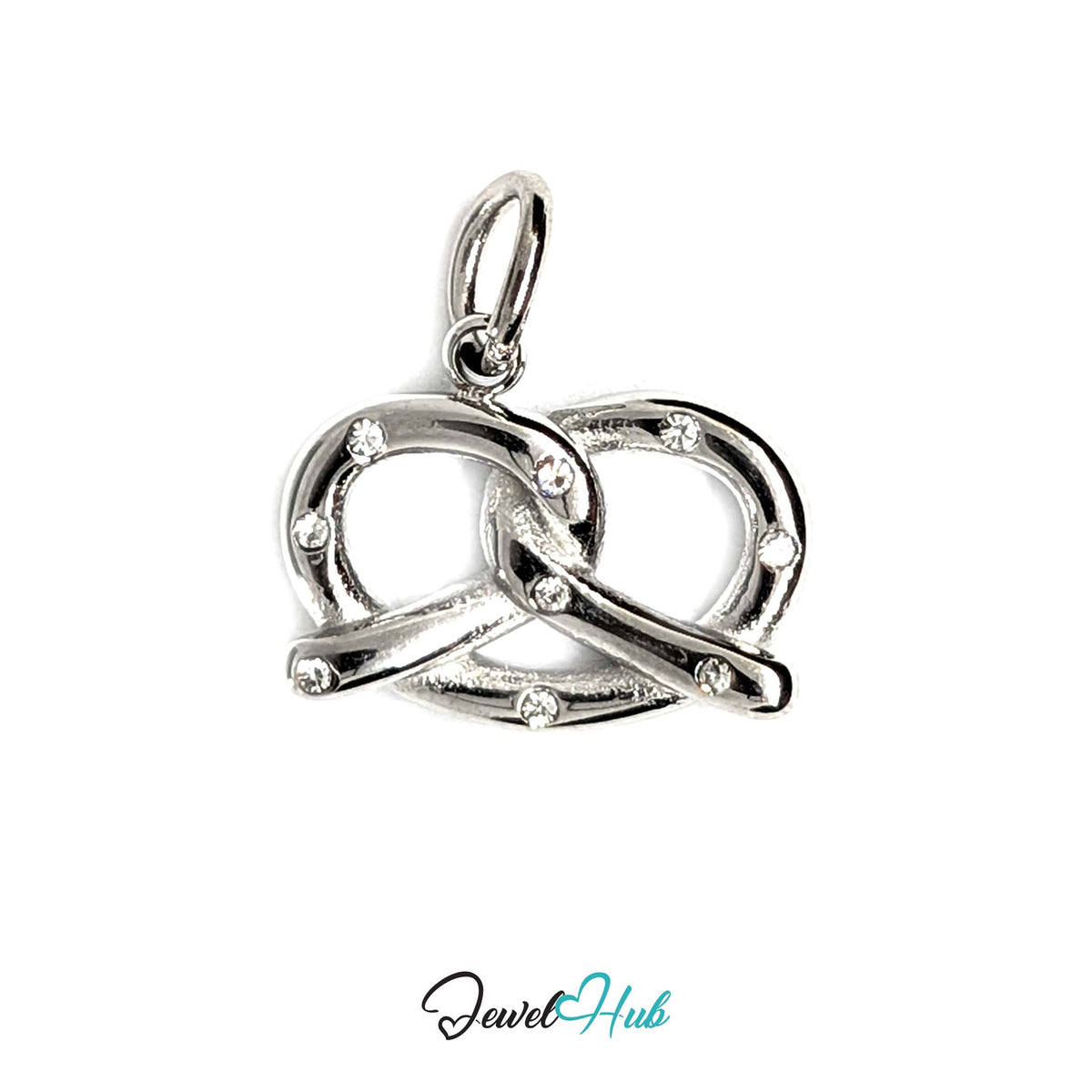 Pretzel charm in silver-tone stainless steel, with 9 glue-set crystals - JewelHub