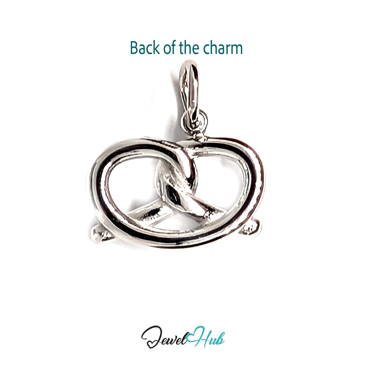 Back of the silver-tone pretzel charm showing the sculpted reverse - JewelHub