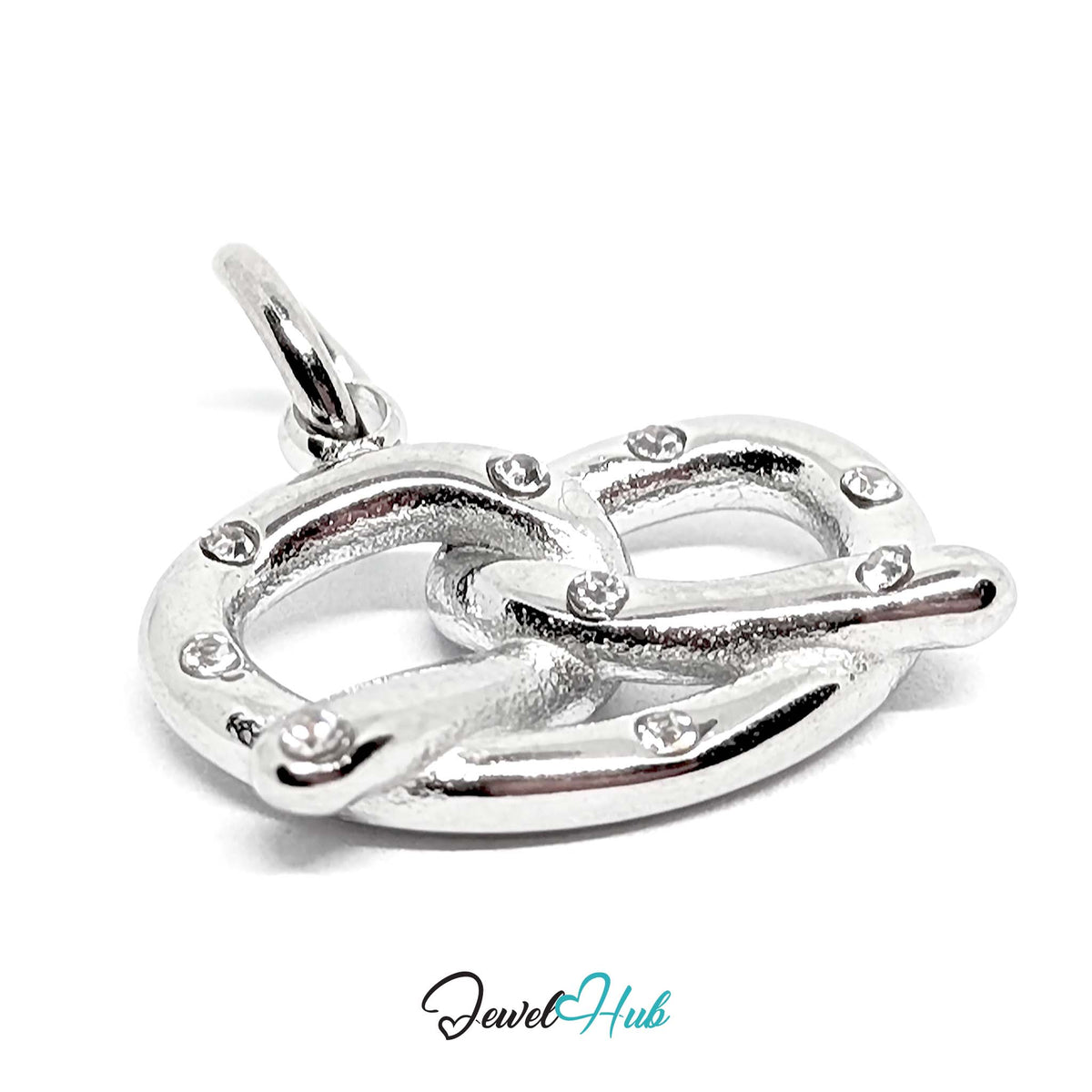 Angled view of the silver-tone pretzel charm - JewelHub