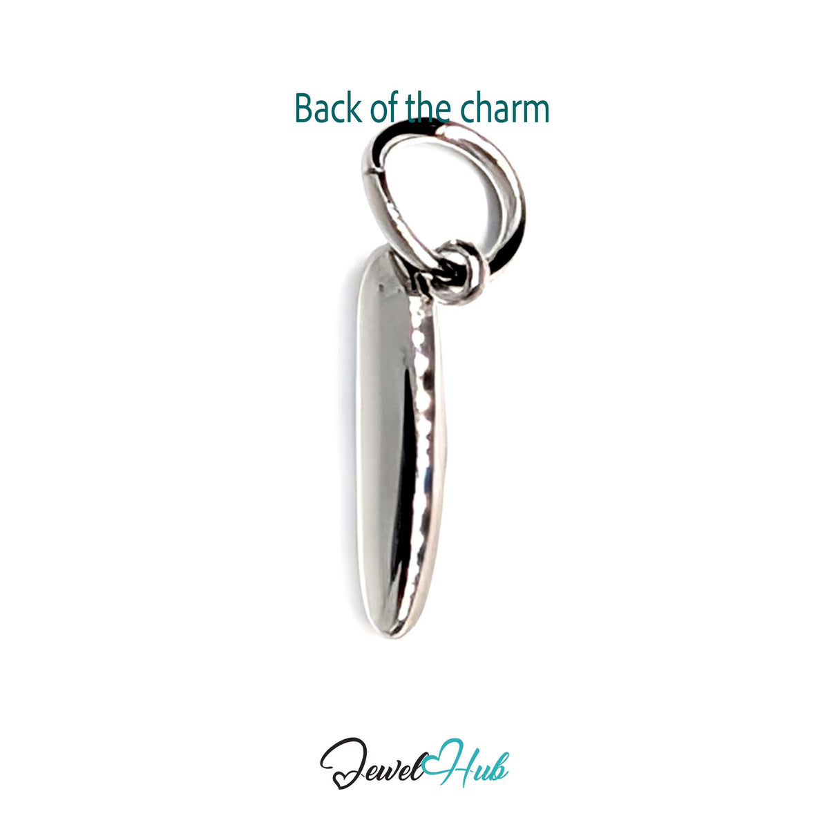 Back of the silver-tone crystal baguette charm showing the sculpted reverse - JewelHub