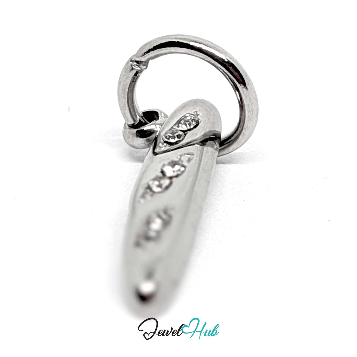 Close-up of the silver-tone crystal baguette charm detail - JewelHub