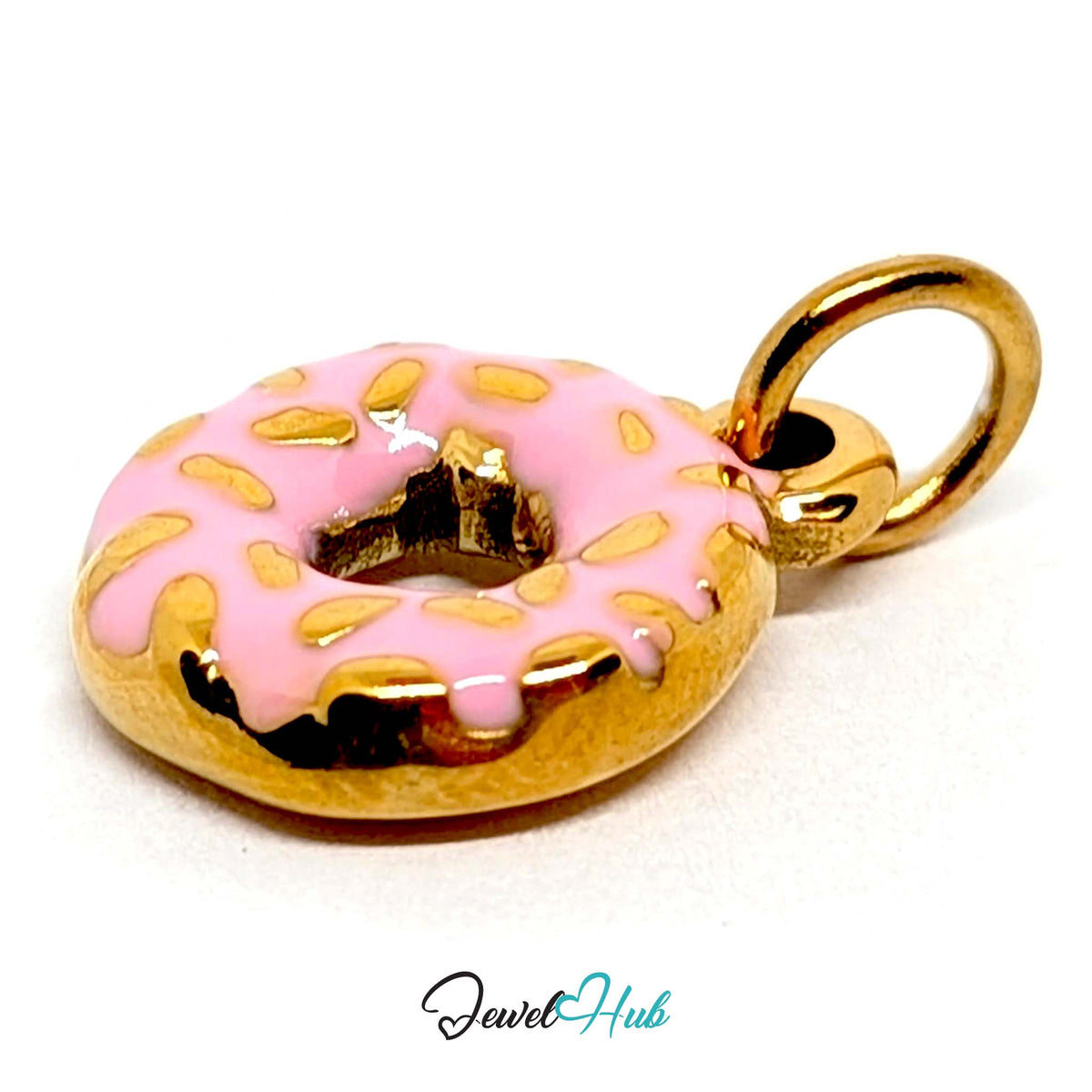 Angled view of the gold-tone pink sprinkle donut charm - JewelHub