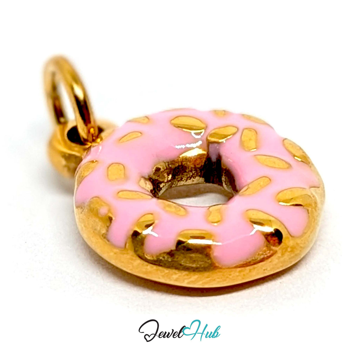 Side view of the gold-tone pink sprinkle donut charm - JewelHub