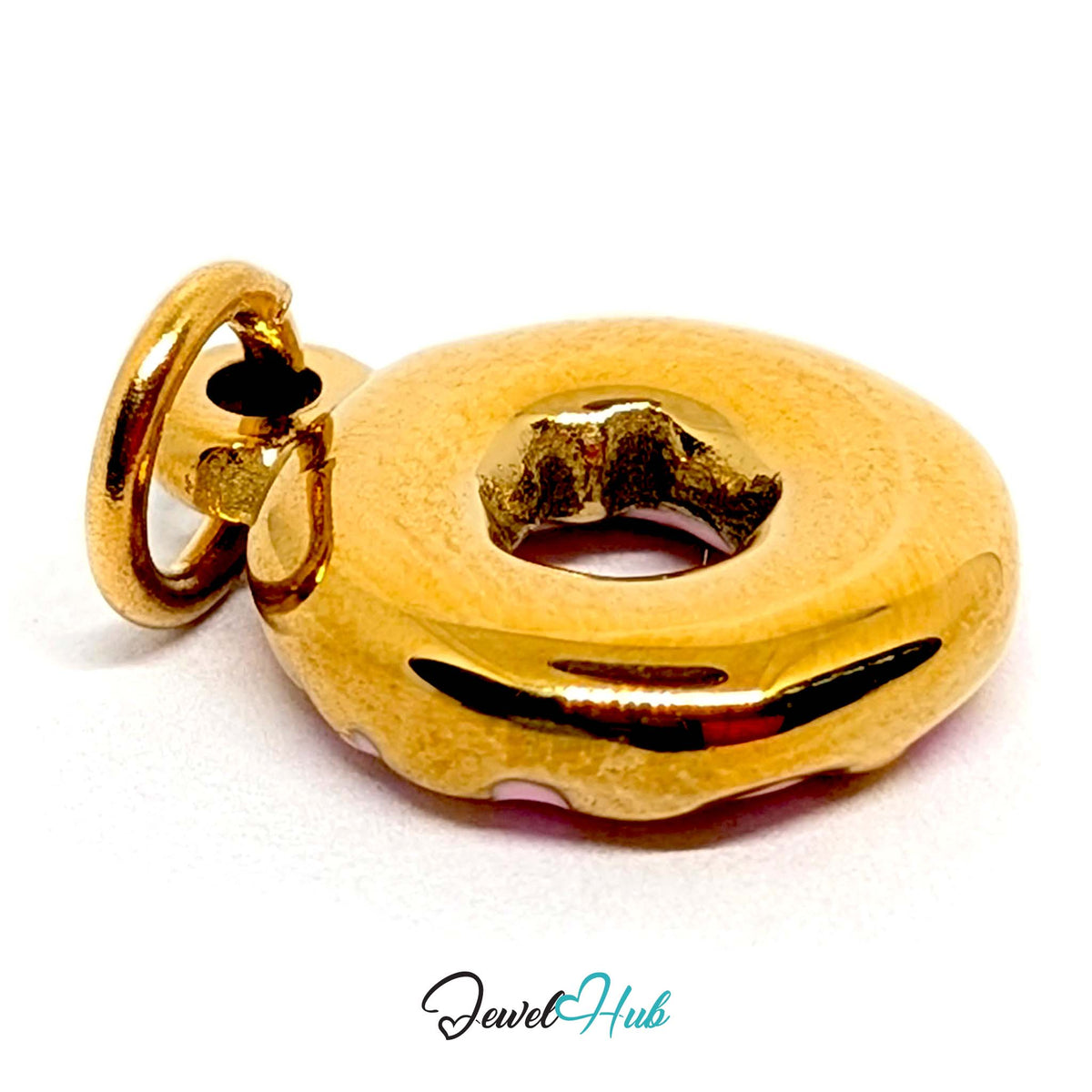 Close-up of the gold-tone pink sprinkle donut charm detail - JewelHub