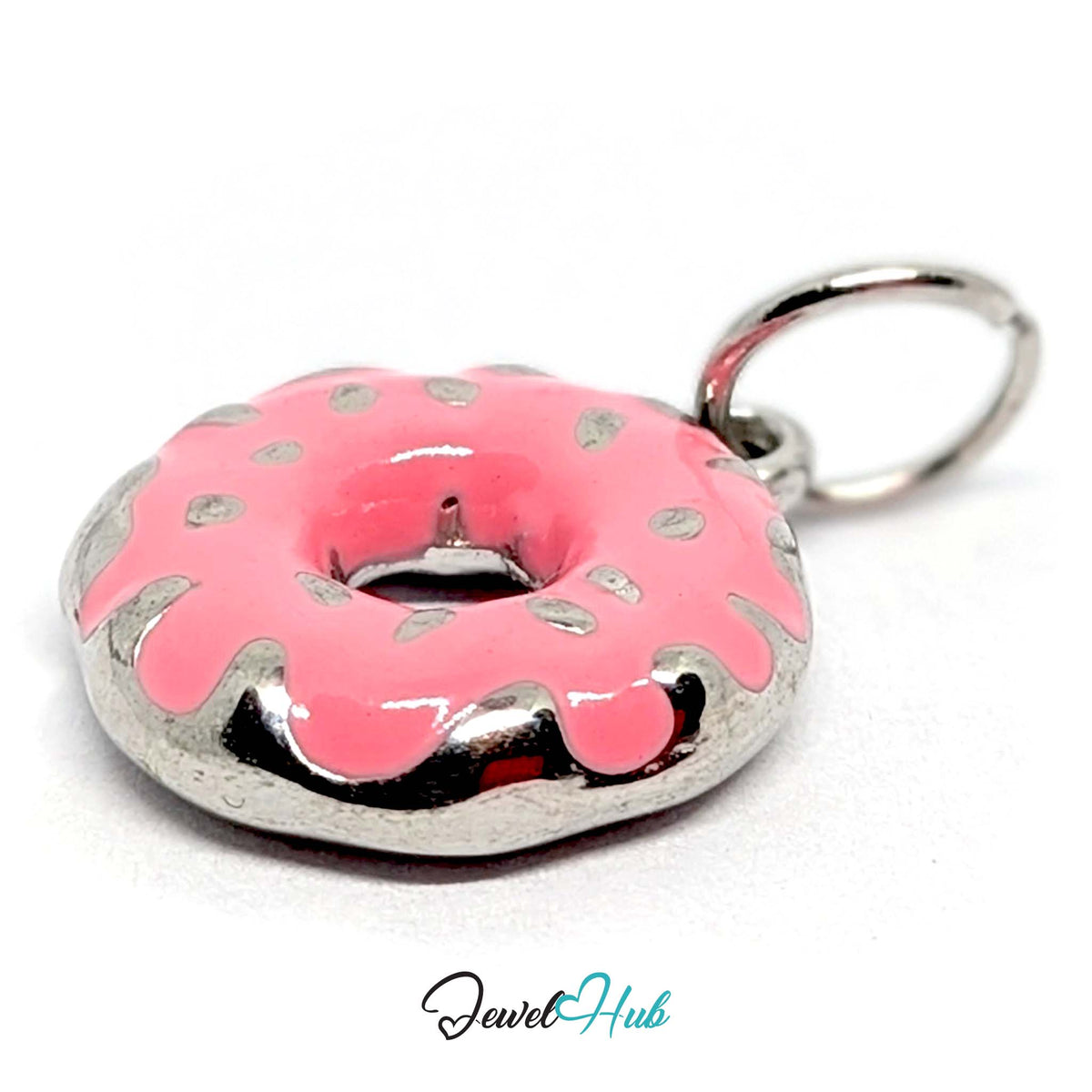 Angled view of the silver-tone pink sprinkle donut charm - JewelHub