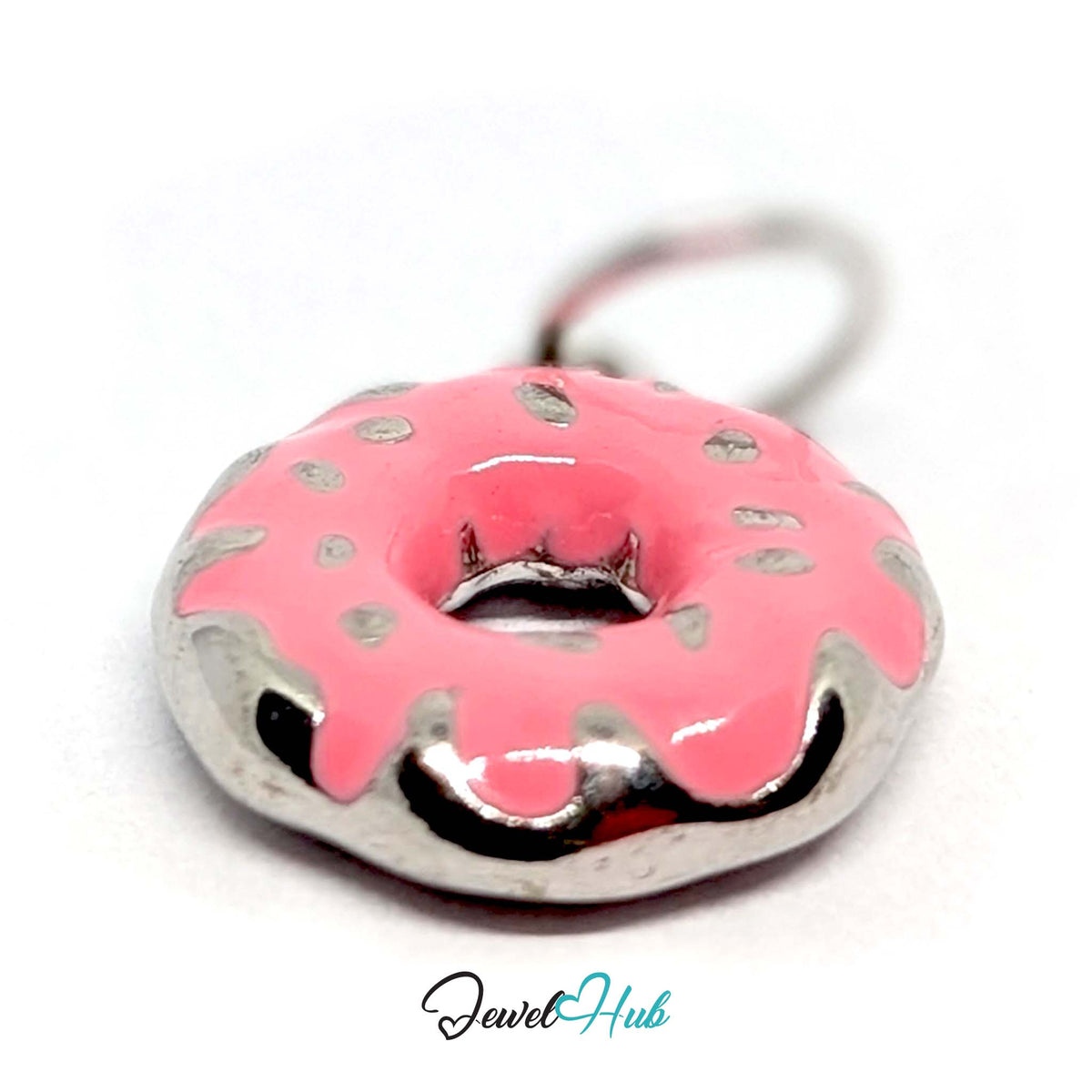 Close-up of the silver-tone pink sprinkle donut charm detail - JewelHub