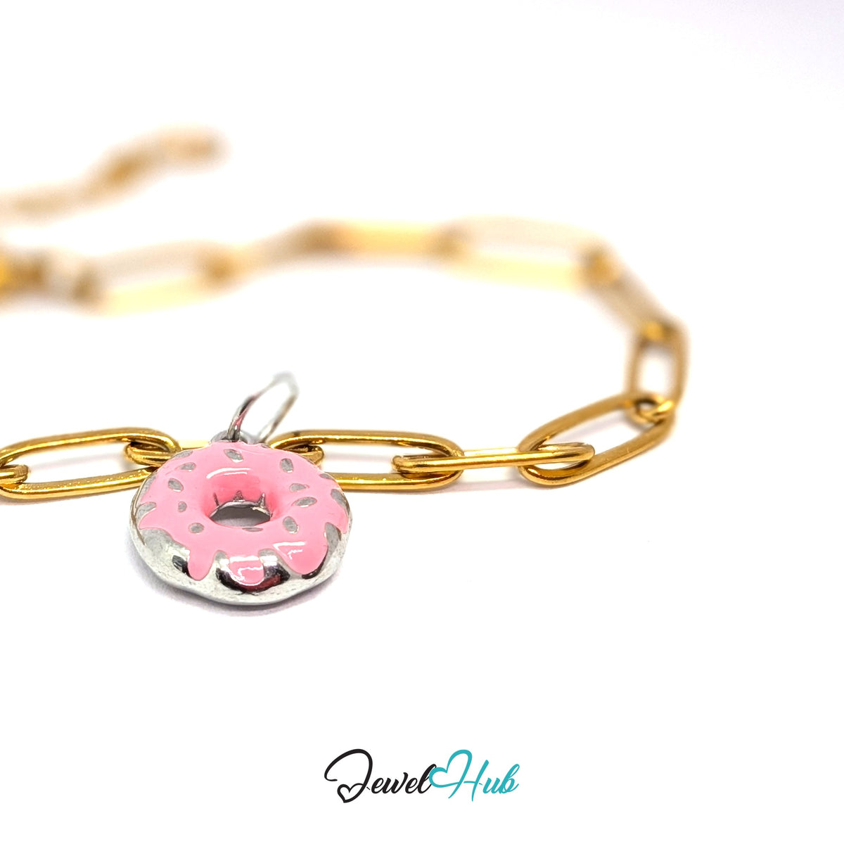 Silver-tone pink sprinkle donut charm styled on a gold paperclip chain bracelet for a two-tone look - JewelHub